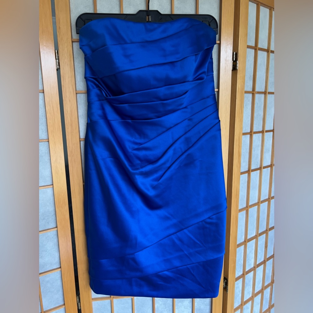 DAVIDS BRIDAL strapless, royal blue, short bridesmaids dress